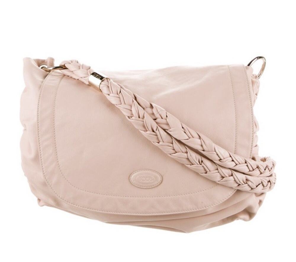 Tod’s Baby Pink Leather Braided Strap Shoulder Bag Gold Hardware Dust Bag Large